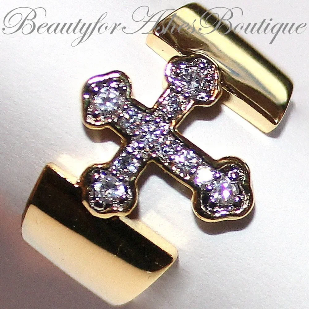 Divine Christian Open Band Cz Clear Yellow Gold Plated Cross Brass Ring